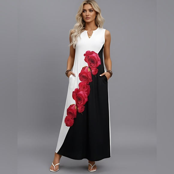 Black/White Floral Maxi Dress With Pockets - Picture 1 of 8